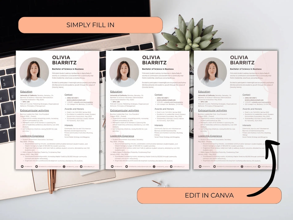 Three resumes with a woman's profile picture and name on a desk with a laptop and plant.