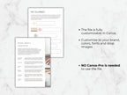 Two document pages on a marble surface with text about customization options.