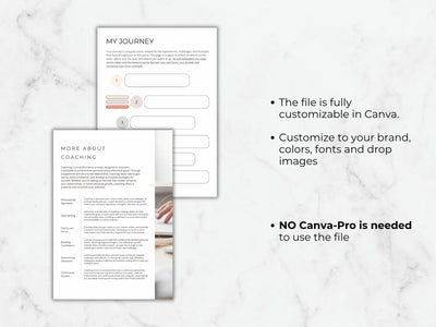 Two document pages on a marble surface with text about customization options.