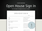 Open House Sign In sheet template with checkboxes and text on a black and white background
