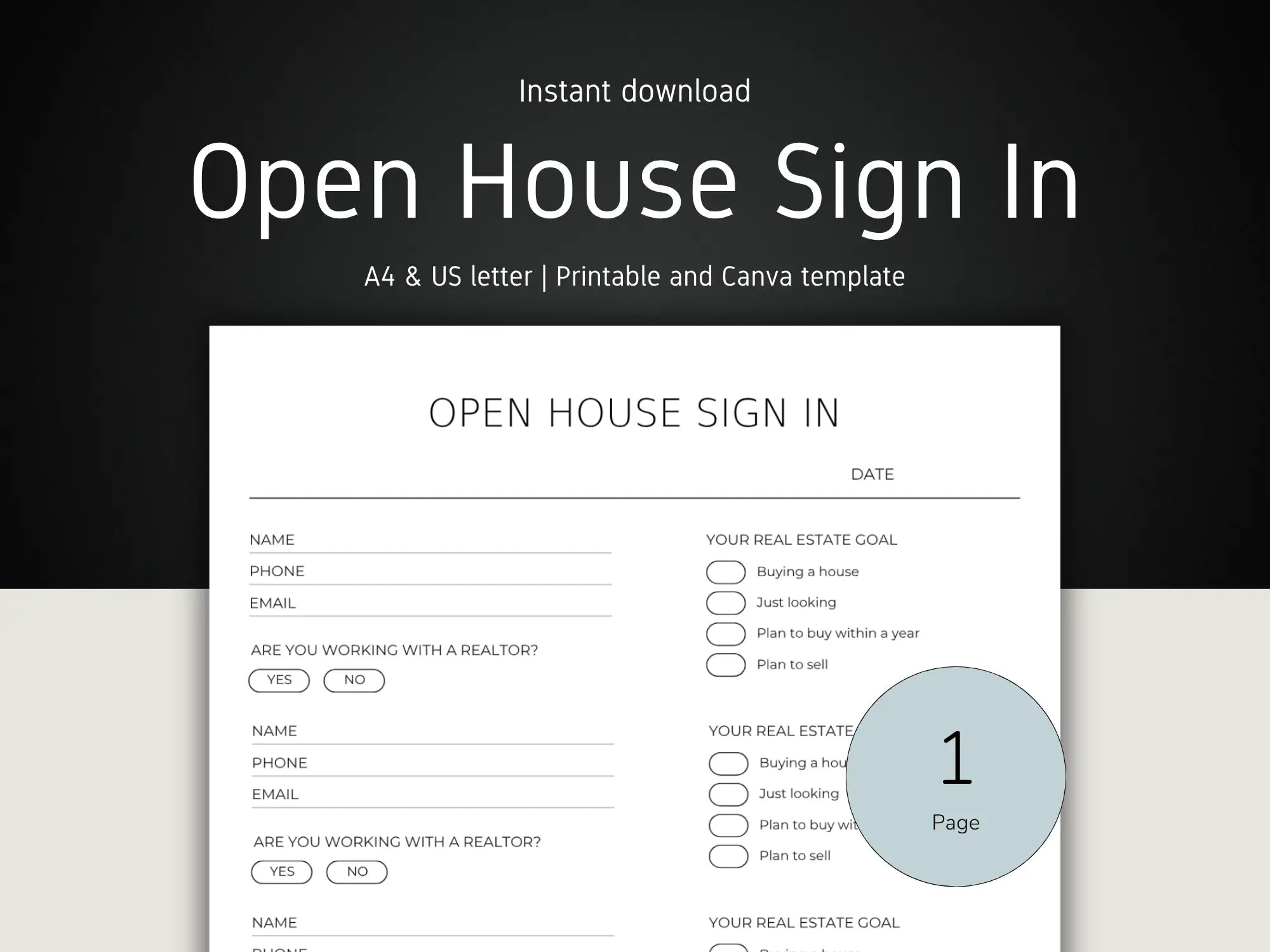 Open House Sign In sheet template with checkboxes and text on a black and white background