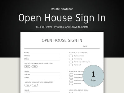 Open House Sign In sheet template with checkboxes and text on a black and white background