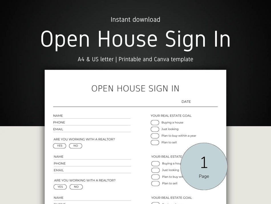 Open House Sign In sheet template with checkboxes and text on a black and white background