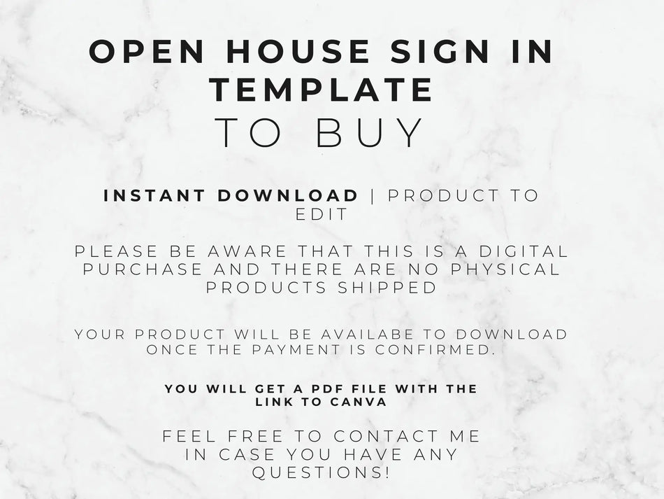 Open house sign-in template with text on a marble background