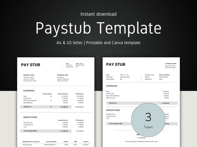 Paystub template with two views on a dark background