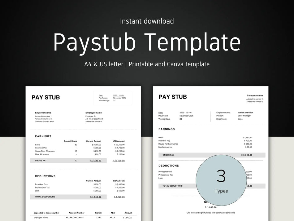 Paystub template with two views on a dark background