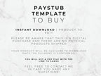 Text on a marble background about a pay stub template for purchase.