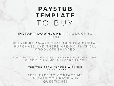 Text on a marble background about a pay stub template for purchase.