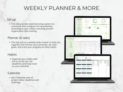 Laptops displaying a weekly planner and other features on a light gray background