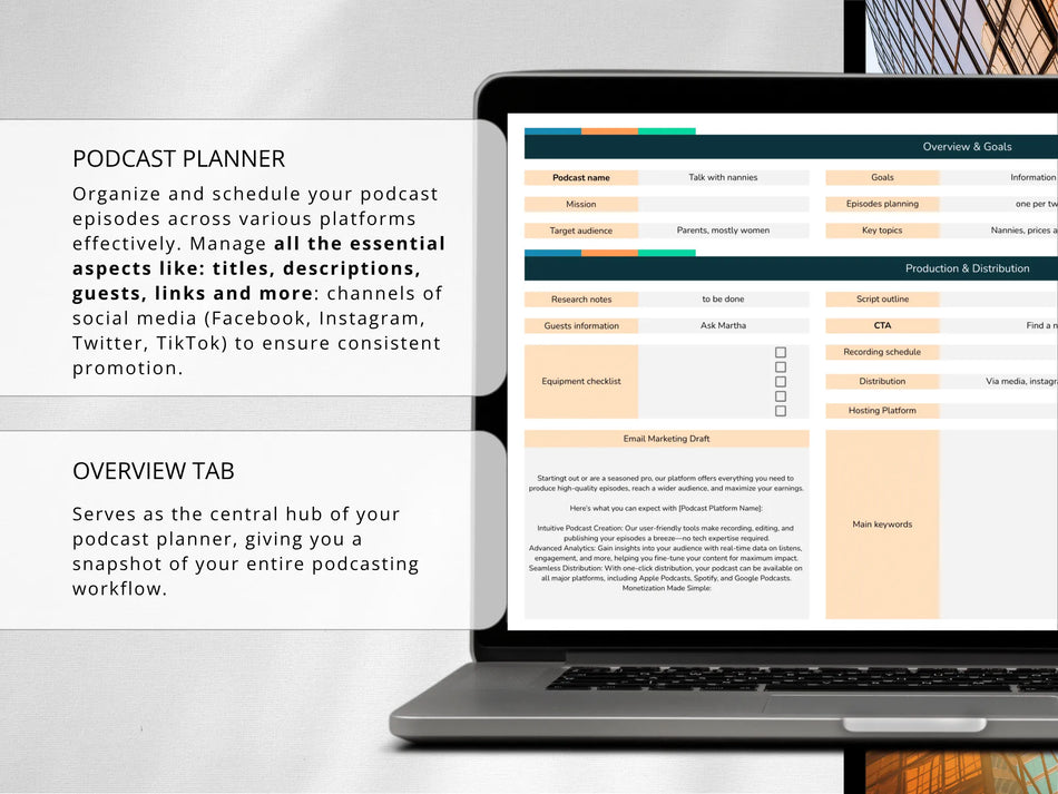 Laptop displaying a podcast planner with text on organizing and scheduling podcast episodes.
