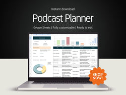 Laptop displaying a podcast planner on a dark background with 'Shop Now!' button.
