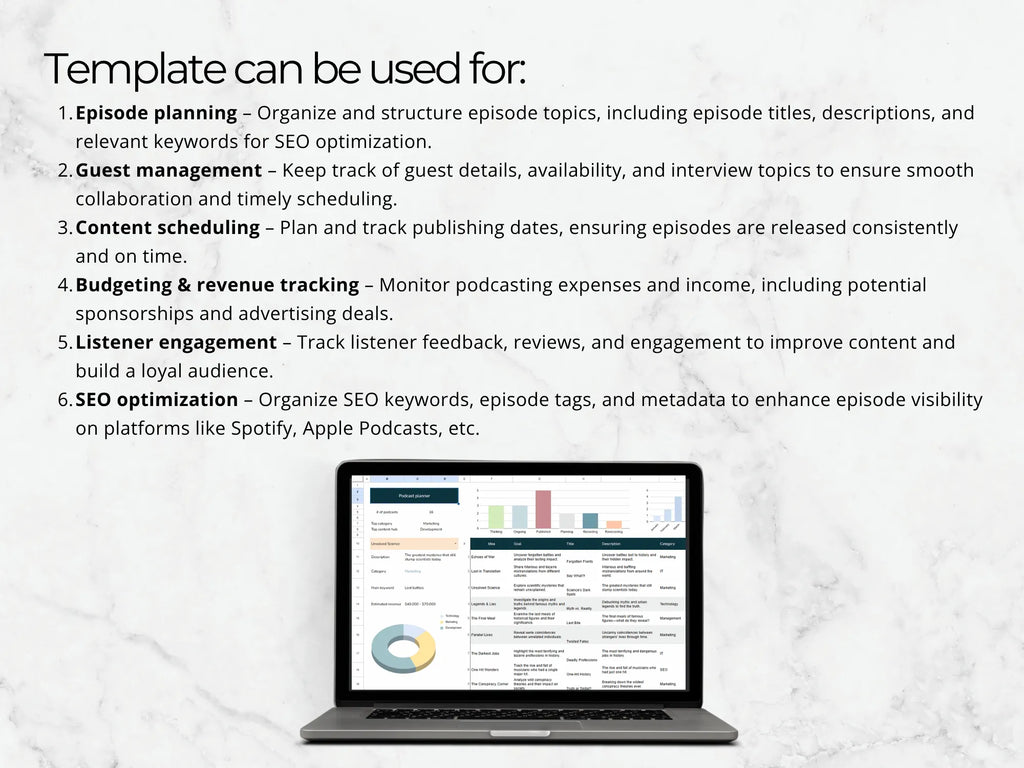 Laptop displaying a podcast analytics dashboard with text about podcast management tools.