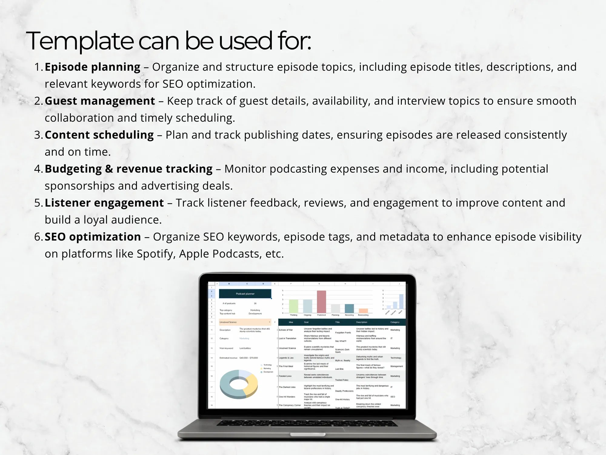 Laptop displaying a podcast analytics dashboard with text about podcast management tools.