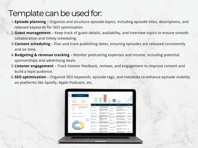 Laptop displaying a podcast analytics dashboard with text about podcast management tools.