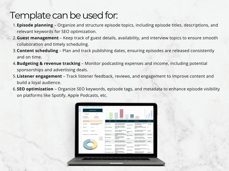 Laptop displaying a podcast analytics dashboard with text about podcast management tools.