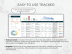 Software interface for tracking podcast information with charts and text on a light background