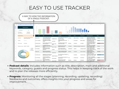 Software interface for tracking podcast information with charts and text on a light background