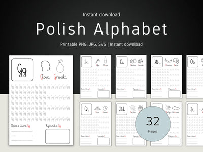 Digital preview of a Polish alphabet printable worksheet set, showing multiple page layouts with letters, phonetic guides, and writing practice on a dark background with white text.
