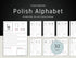 Digital preview of a Polish alphabet printable worksheet set, showing multiple page layouts with letters, phonetic guides, and writing practice on a dark background with white text.