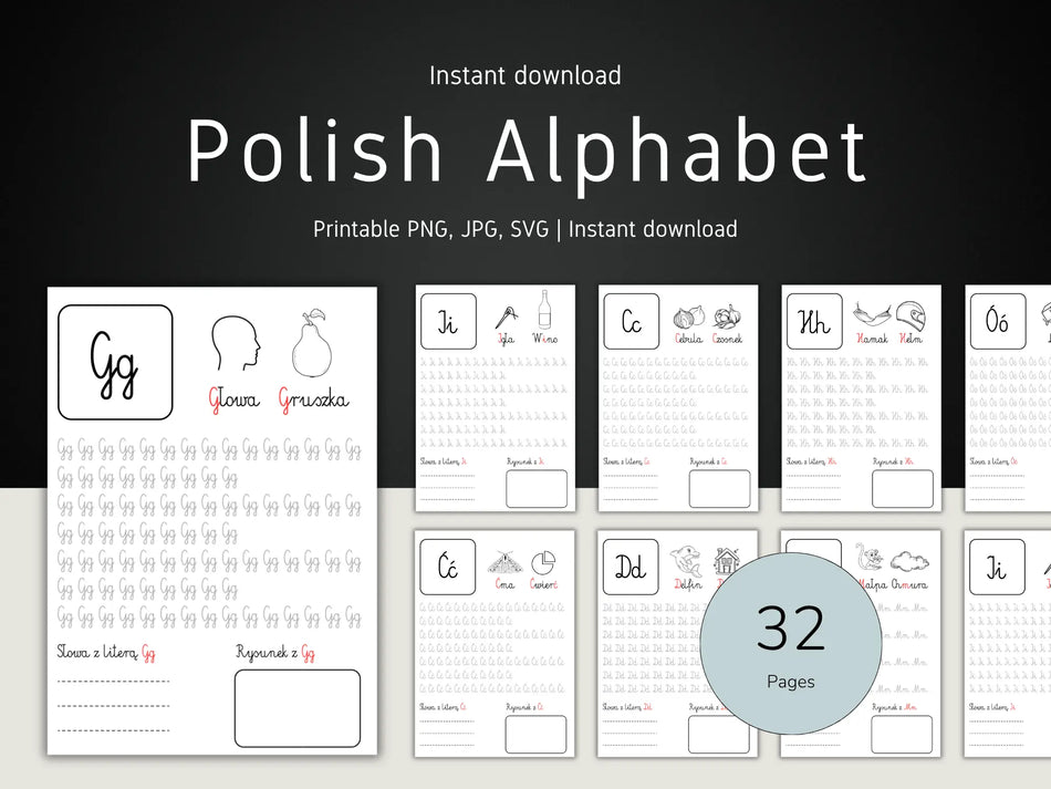 Digital preview of a Polish alphabet printable worksheet set, showing multiple page layouts with letters, phonetic guides, and writing practice on a dark background with white text.