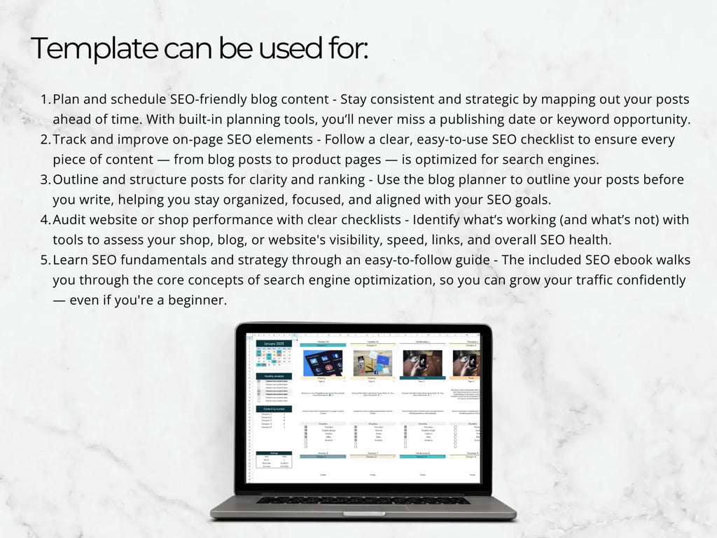 Laptop displaying a website on a light gray background with text about SEO planning and tools.