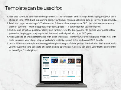 Laptop displaying a website on a light gray background with text about SEO planning and tools.