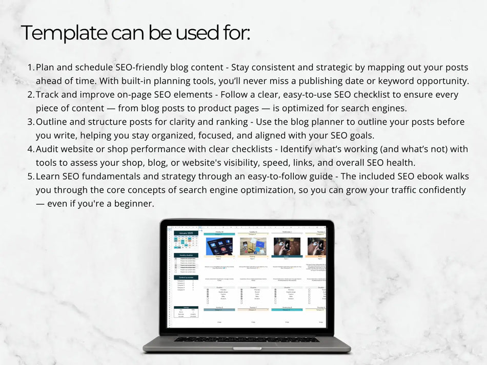 Laptop displaying a website on a light gray background with text about SEO planning and tools.