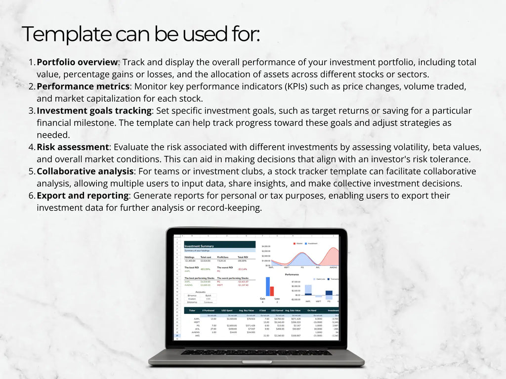 Laptop displaying a stock tracker template with text explaining its uses.