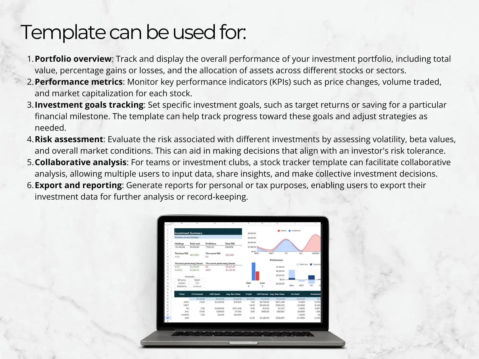 Laptop displaying a stock tracker template with text explaining its uses.