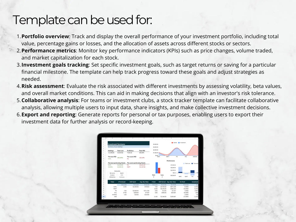 Laptop displaying a stock tracker template with text explaining its uses.