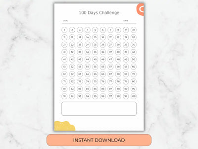 A high-resolution view of the printable 100-day goal tracker page featuring numbered circles from 1 to 100 and a goal description box at the bottom. An 