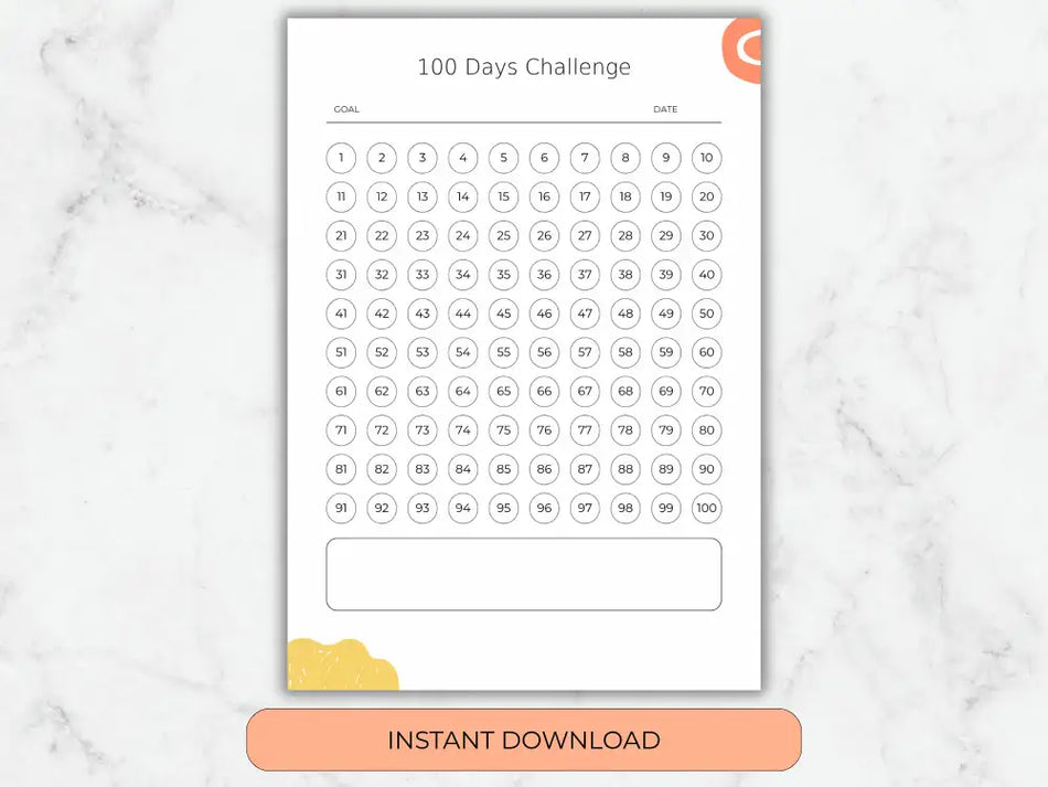 A high-resolution view of the printable 100-day goal tracker page featuring numbered circles from 1 to 100 and a goal description box at the bottom. An 