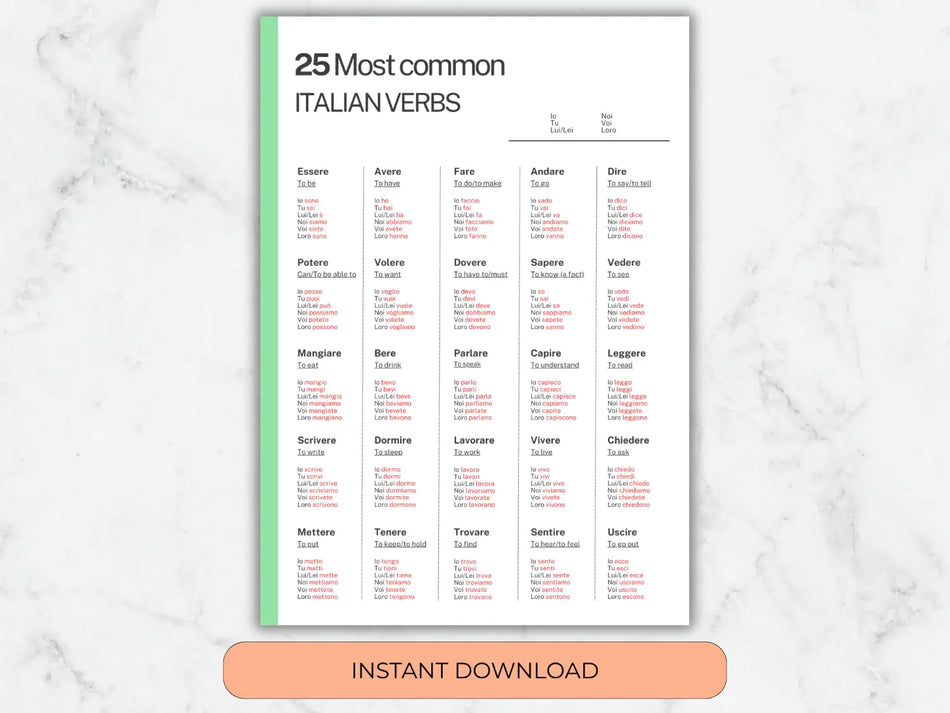 Sheet of paper with Italian verb conjugations on a marble background