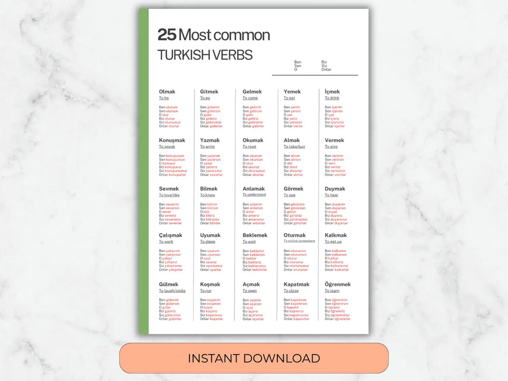 Sheet of paper with Turkish verbs on a marble background