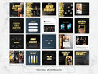 Collection of fitness-themed digital downloads with motivational text and images on a white marble background.