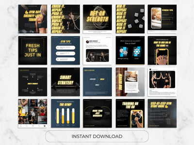 Collection of fitness-themed digital downloads with motivational text and images on a white marble background.