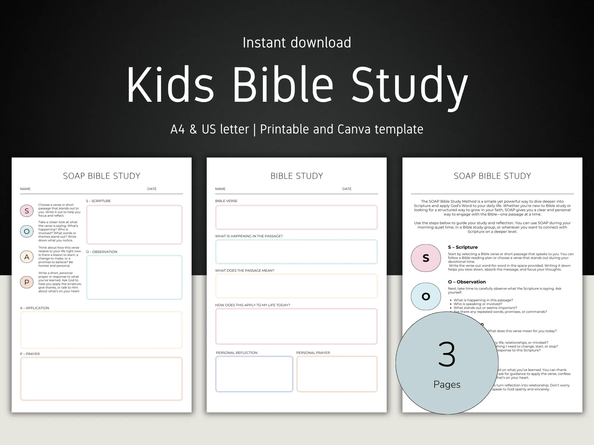 Three pages of a Kids Bible Study template on a dark background