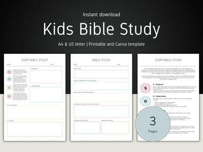 Three pages of a Kids Bible Study template on a dark background