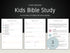 Three pages of a Kids Bible Study template on a dark background