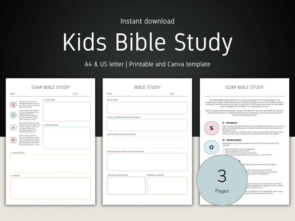 Three pages of a Kids Bible Study template on a dark background