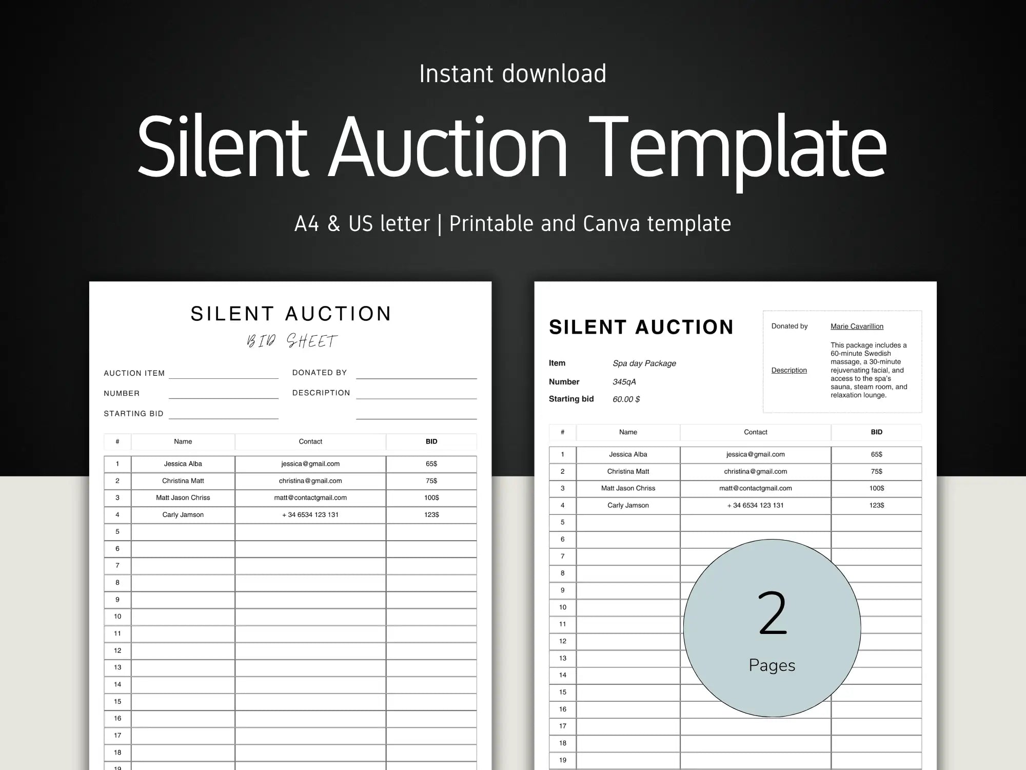 Silent Auction Template with two pages displayed on a black and white background