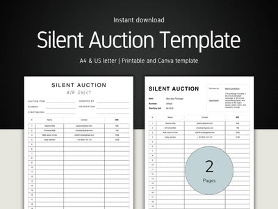 Silent Auction Template with two pages displayed on a black and white background