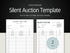 Silent Auction Template with two pages displayed on a black and white background