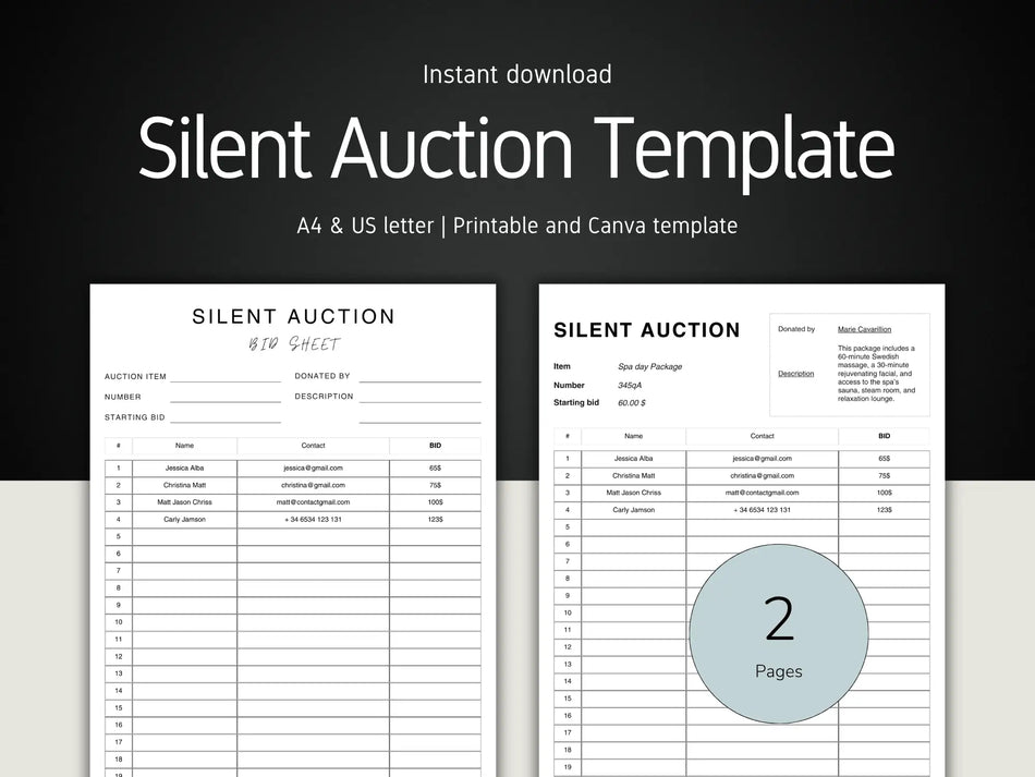 Silent Auction Template with two pages displayed on a black and white background
