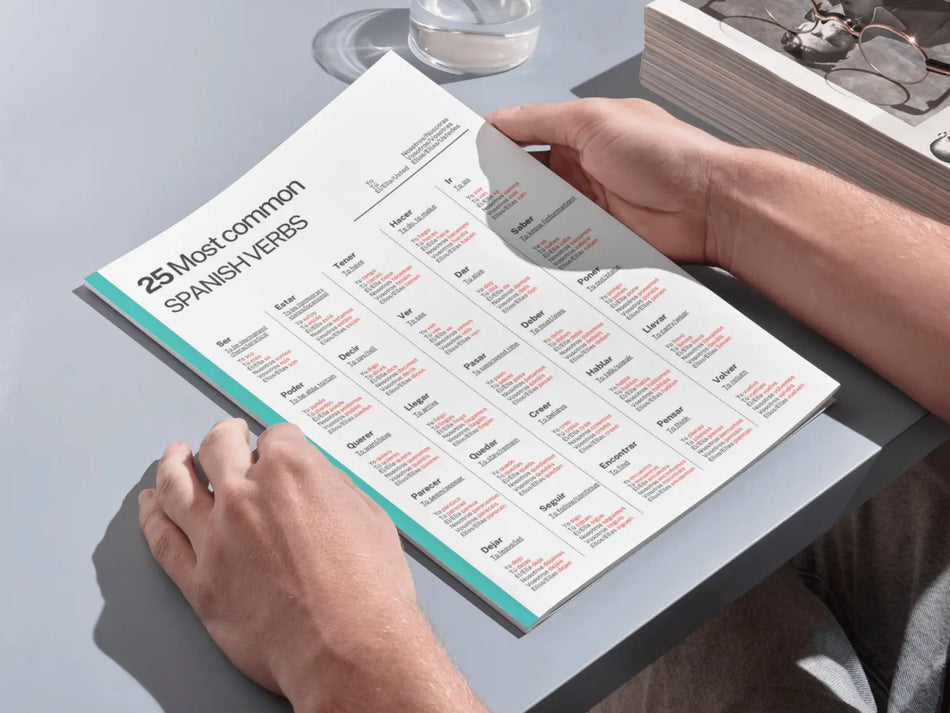 Person holding a Spanish verb chart on a table