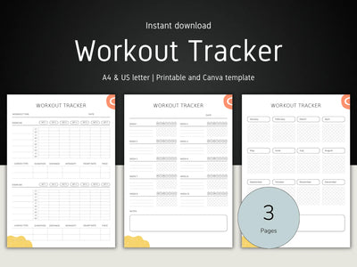 A three-page workout tracker bundle featuring a daily exercise log, a 10-week progress chart, and an annual habit tracker