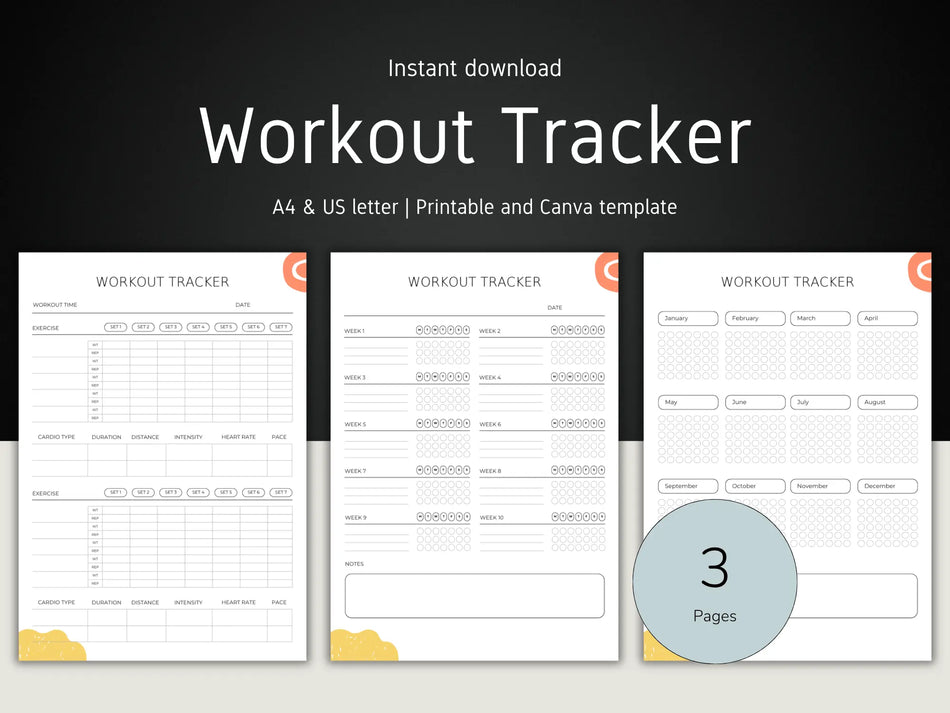 A three-page workout tracker bundle featuring a daily exercise log, a 10-week progress chart, and an annual habit tracker