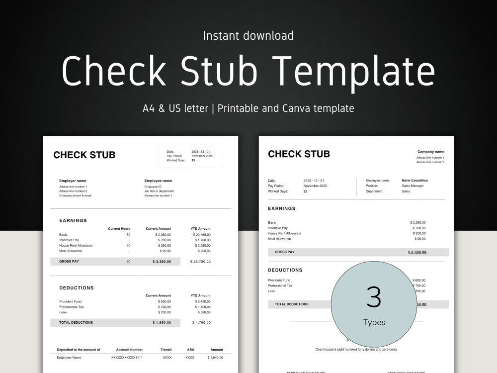 Check Stub Template with 'Instant download' text on a dark background