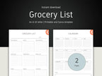 Grocery list and calendar template on a black background