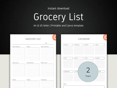 Grocery list and calendar template on a black background